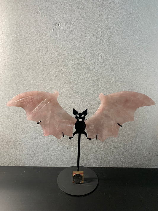 Rose Quartz Bat Wings on Stand